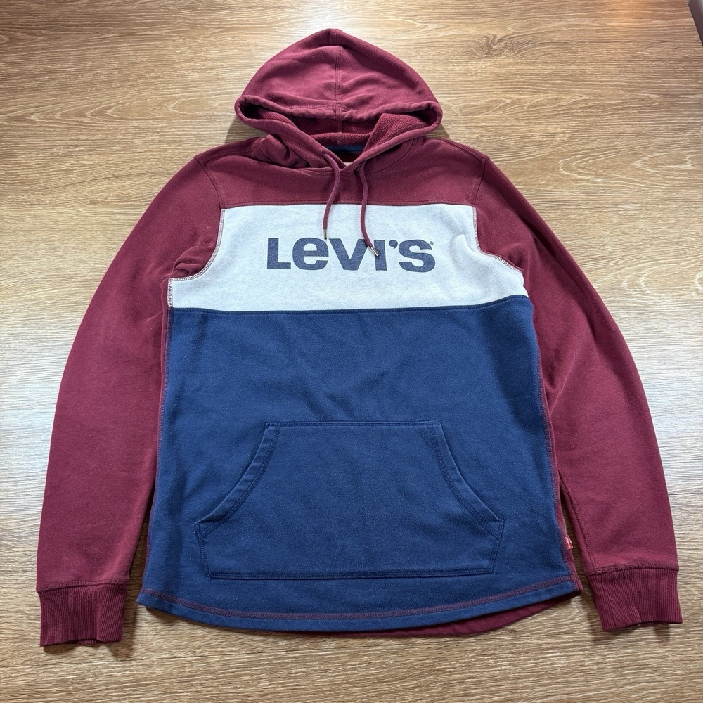 Levi's Hoodie Mens M Red Blue Colorblock Logo Pullover Sweatshirt Streetwear